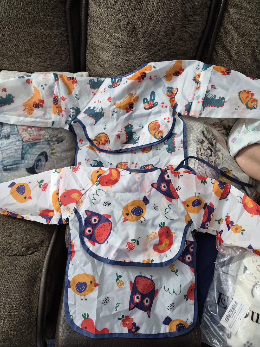 Kids Waterproof Long-Sleeve Bib with Owl & Bird Print - White/Navy